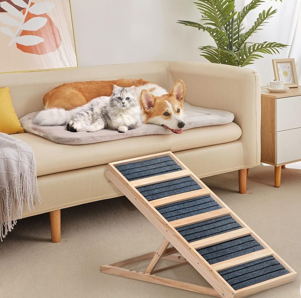 Folding Dog Ramp for Bed,Adjustable Dog Ramp of 4 Height from 16" to 24" with Anti-Slip Strips,Wooden Portable Pet Ramp for Car,Couch,Truck SUV,132lbs