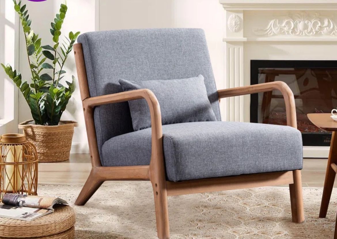 New Hertford 26" Wide Upholstered Linen Blend Accent Chair with Wooden Legs and One Pillow