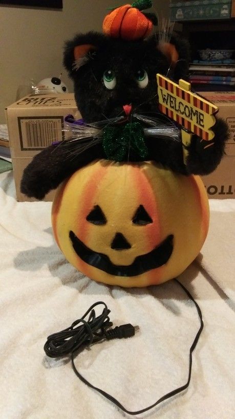 Vintage Halloween Pumpkin Lighted Fiber Optics Handmade Cat And Sheath