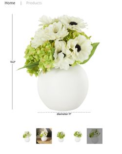WHITE FABRIC INDOOR OUTDOOR ARTIFICIAL FLOWER WITH GREEN LEAVES AND ROUND CERAMIC VASE, 11"X 11" X 13"