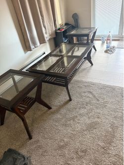 Glass Top Coffee Table + End Table Set – Dark Wood