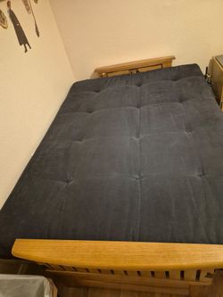 Wooden Futon Frame with Dark Gray Mattress