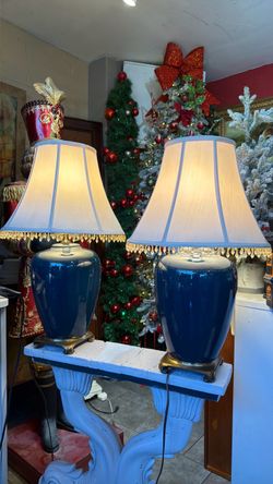 Beautiful blue enamel, Brass base Vintage, Table, Lamps