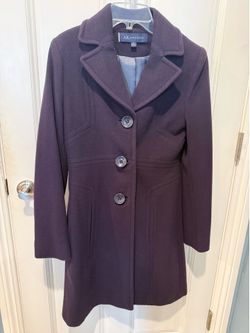 Anne Klein Eggplant Color Wool Blend Single Breasted Walker Coat Jacket Classic Size XS