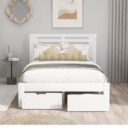  Gerdioeb Full Size Wooden Platform Bed Frames with 2 Storage Drawers/Headboard, Modern Country Platform Bed with Sturdy Solid Wood Slat Support , 