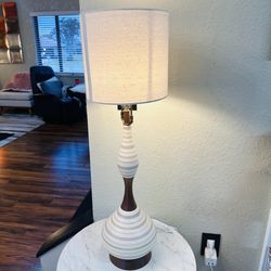 Vintage Mid Century Modern White Ceramic Wood Genie Bottle Shaped Table Lamp  MCM Retro Atomic 