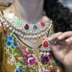 Multi Color Gold Tone Amarpali Necklace Indian Bollywood Pakistani Jewellery 