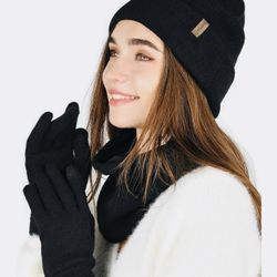 4pc Black Knitted Winter Set for Male or Female. Beanie, Neck Warmer & Gloves