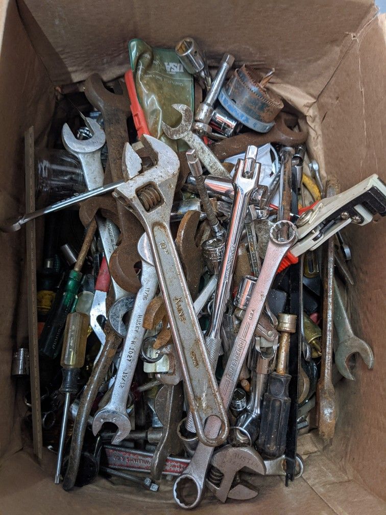 Entire Box Of Tools-Wrenchs, Screw Drivers, Rachets Sockets 