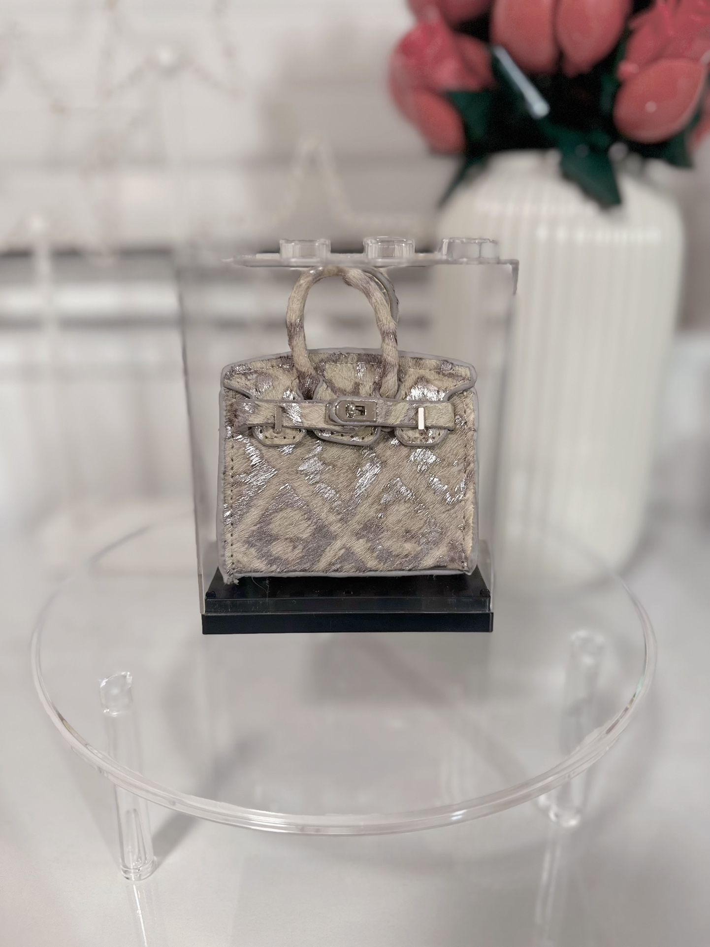 Silver-Grey Genuine Pony Hair Mini Birkin Bag Charm with Acrylic Display Case