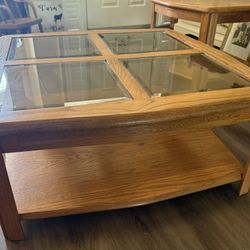 Square solid oak wood coffee table and two end tables