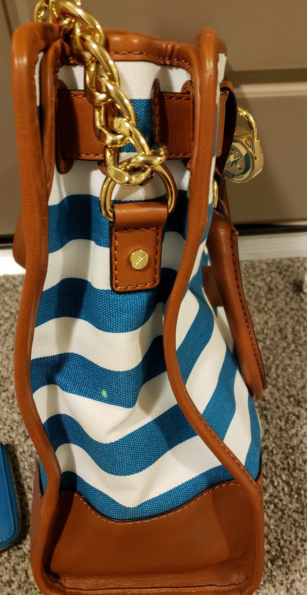 New Michael Kors Hamilton Large Canvas/Leather Blue and White Stripe Canvas Satchel & Wallet