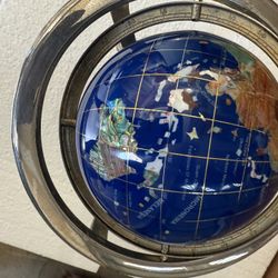 Vintage World Globe Semi-Precious Gemstone inlay with brass stand