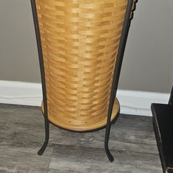 Longaberger Umbrella Basket With Wrought Iron Stand And Wood Shelf 