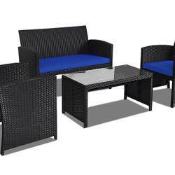  Rattan Patio Furniture Set 4 Pieces, Outdoor Wicker Conversation Sofa and Table Set with Soft Cushions & Tempered Glass Coffee Table for Balcony Gard