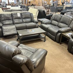 Grey Leather Power Recliner 2pc Sofa And Loveseat