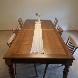 Living Spaces Solid Wood Dining Table +6 Chairs (One Chair Damaged)