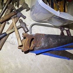 Large Bin of Misc. Hand tools used. Saws,wrenches, screw drivers,pliers hammers ect
