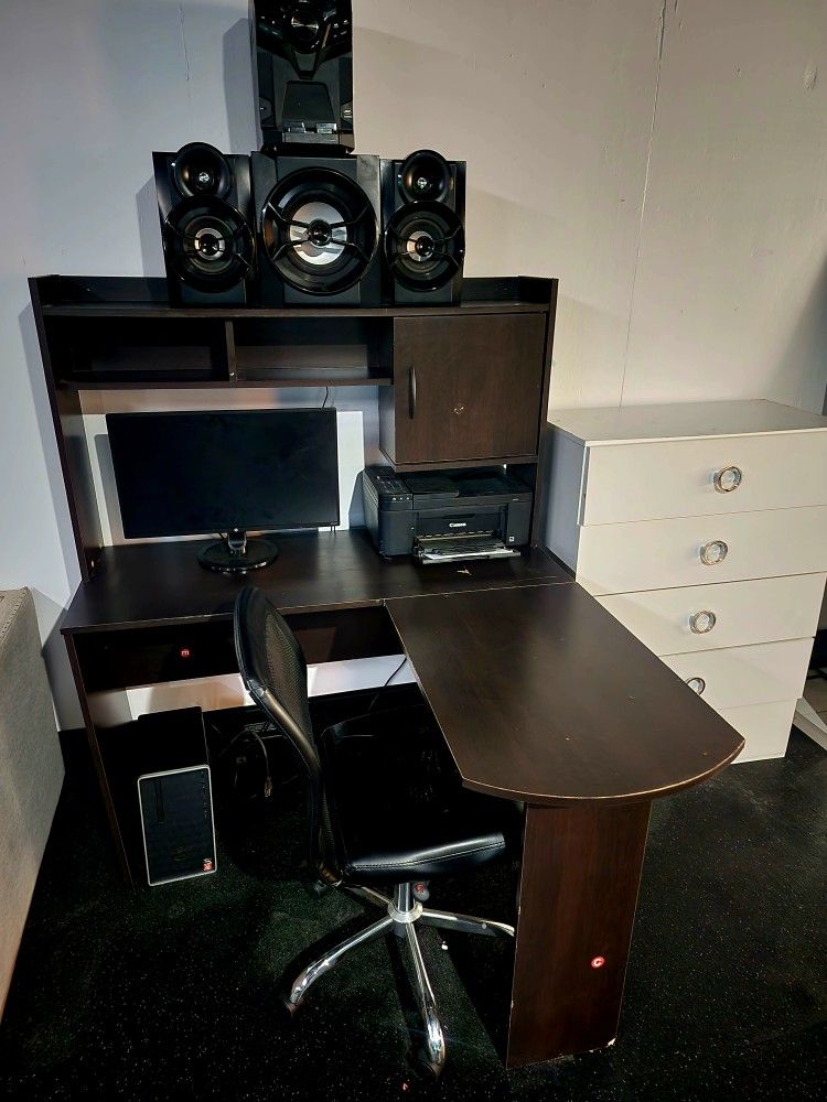 DESK, COMPUTER, PRINTER, SOUND SYSTEM PACKAGE