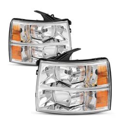 2007-2014 Chevy Silverado Headlamp Light Chrome Housing Amber Reflector Clear Lens Headlight