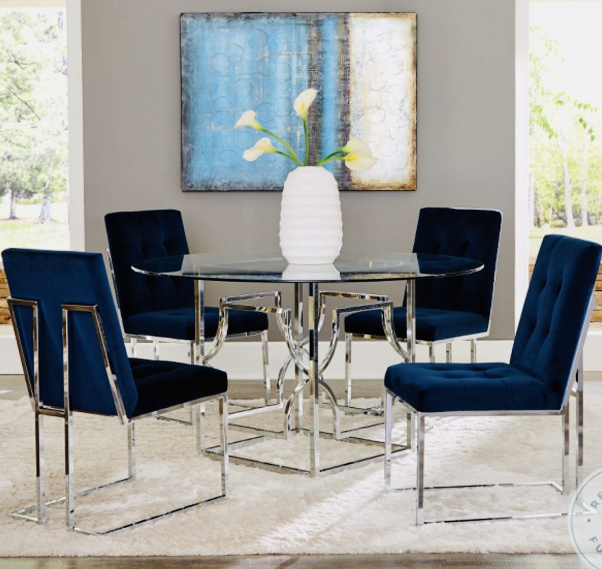 Like New 5 Piece Dining Set in Starlight Chrome Finish by Coaster 4 Chairs with 54” Round Glass 60% off $700