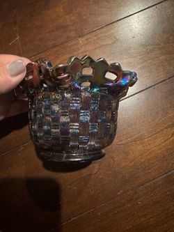 Vintage Fenton Amethyst Carnival Glass Iridescent Blackberry Basket Weave Ruffled Bowl