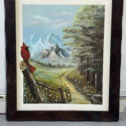 Cardinal on fence post with flower path