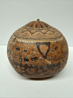 Vintage Hand Carved Folk Art Peruvian Storytelling Gourd Shaker Signed Claudio