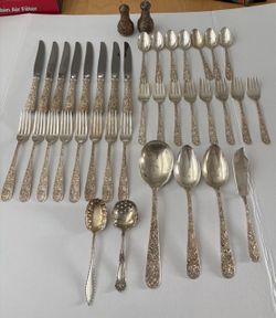 S. Kirk & Son Sterling Silver Repousse Flatware Set + Shakers - 36 Pc / Service for 8