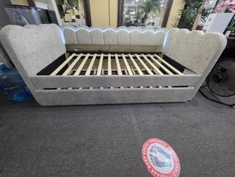Brand new light gray linen LED twin daybed with twin trundle