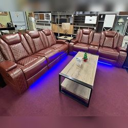 2PC Brown leather power recliner sofa set with LED USB Wireless chargers 