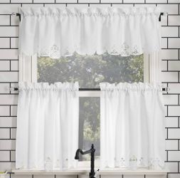 Mariela Floral Trim Semi-Sheer Rod Pocket Kitchen Curtain Valance and Tiers Set, 58" × 36",