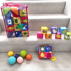 Baby Sensory Toys. Melissa & Doug Soft Building Blocks, Rubber Soft Blocks, Sensory Balls & Shake Look Touch Book ($25 For All)