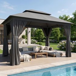 Outdoor Gazebo Canopy with Netting and Curtains 12'x10' 150G Water-Resistant and UPF 50+ Fabric Patio Canopy with Double Roof, Dark Gray