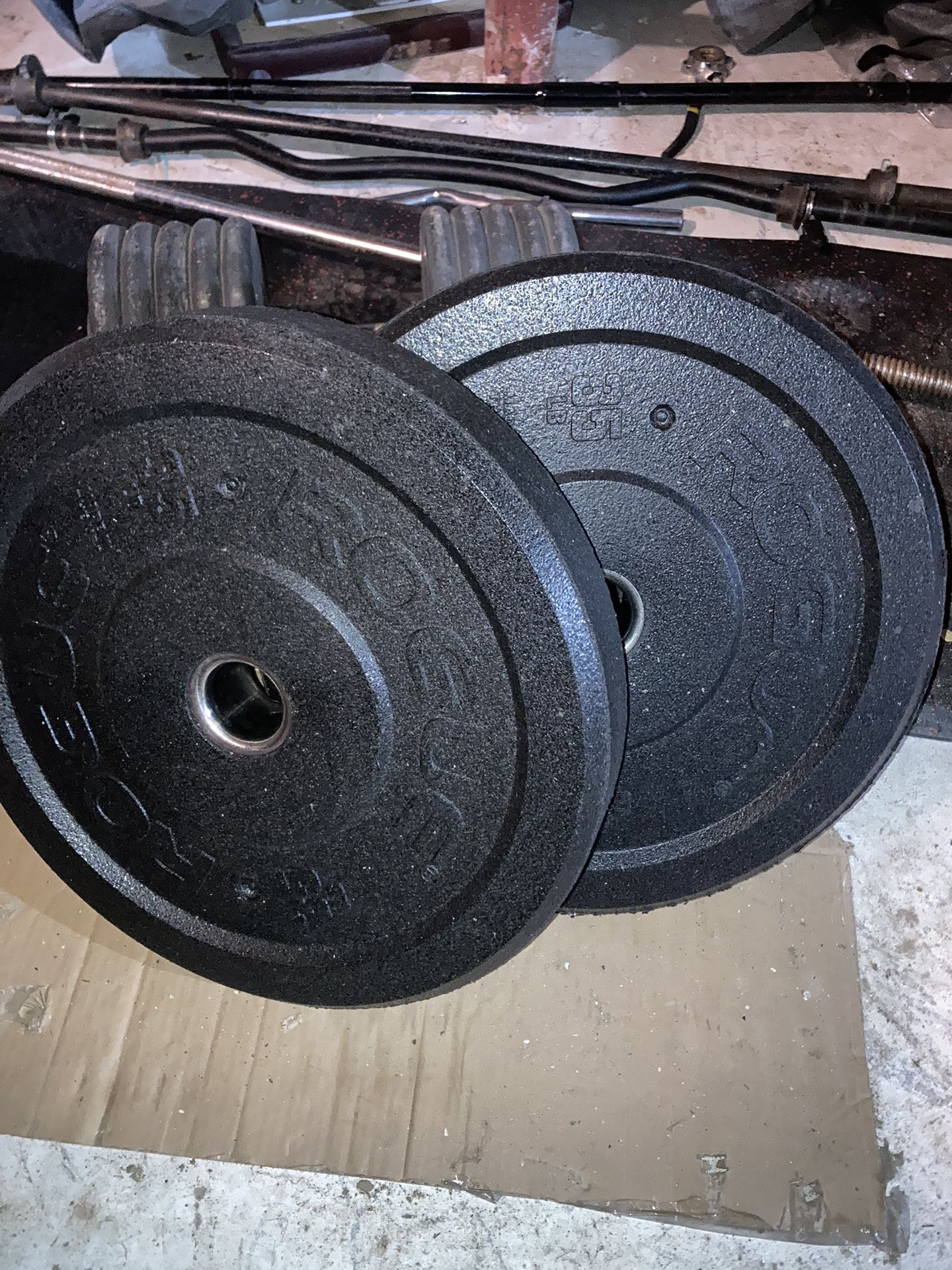 Rogue Bumper Plates with Barbell and Curlbar