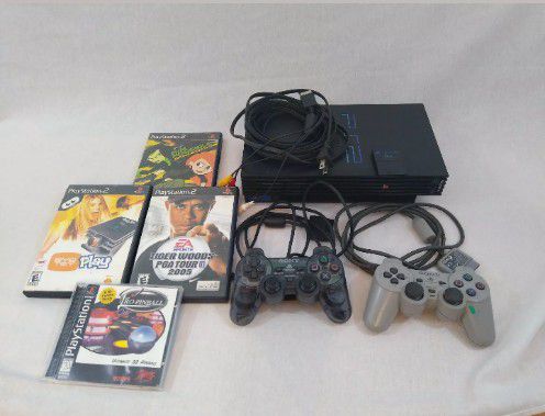 Sony Playstation 2 (PS2) Bundle 4 Games 8MB Memory Card Joysticks Controllers