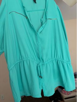 Lane Bryant turquoise blouse drawstring waist 3/4 sleeve gold accents size 26/28
