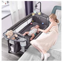 ADOVEL Baby Bassinet Bedside Crib, Pack and Play with Mattress, Diaper Changer and Playards from Newborn to Toddles, Grey