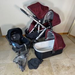 Uppababy Vista Double Stroller with Bassinet and Car Seat Red