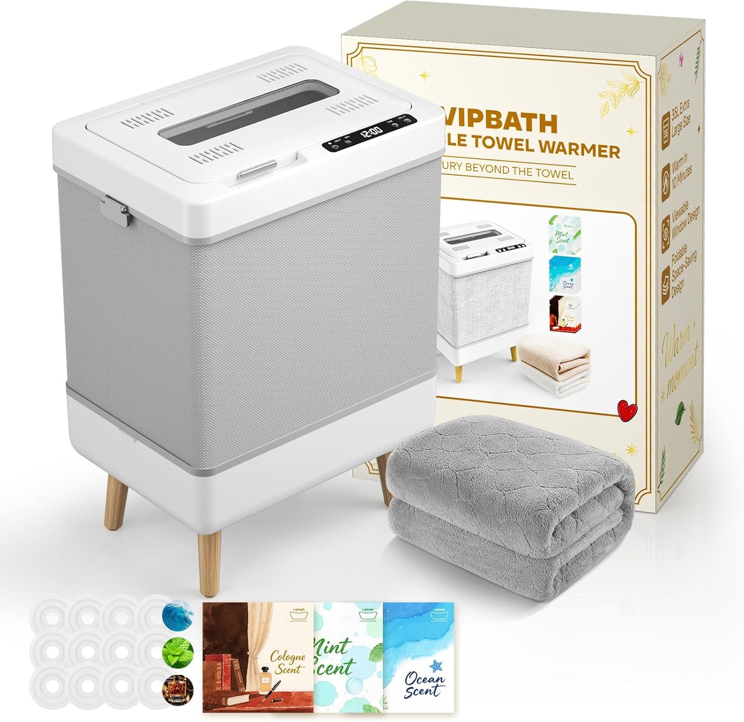 35L Foldable Towel Warmer Bucket with Aromatherapy Discs, Anti-Tip Auto Shut-Off, Dual Temperature Settings & Buzzer, Gift Box Included, Fits 3 Towels