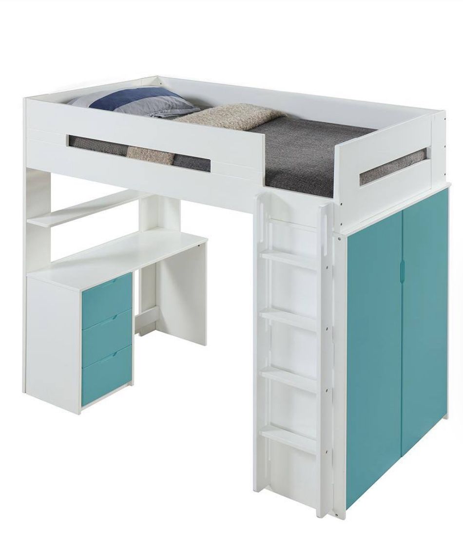 TWIN LOFT BED Teal & White