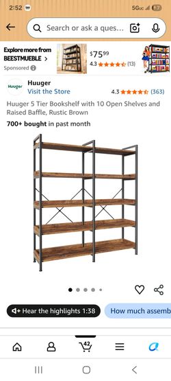 5 Tier Bookshelf with 10 Open Shelves and Raised Baffle, Rustic Brown