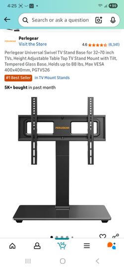 Perlegear Universal Swivel TV Stand Base for 32–70 inch TVs, Height Adjustable Table Top TV Stand Mount with Tilt, Tempered Glass Base, Holds up to 88