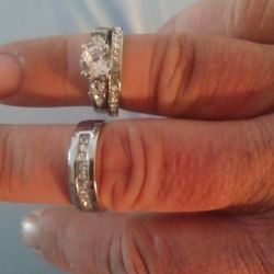 Couples Wedding Bands Plus Engagement Ring Sterling Silver With Cubic Zirconia Size 8&10