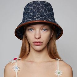 Gucci GG Supreme Monogram Denim Canvas Bucket Hat Brown w Calf Leather Trim