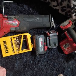 Milwaukee skill saw, Sawzall, 2 Batteries, and spare DeWalt drill bits
