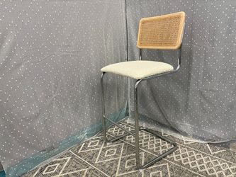 Modern Cane Backed Barstool with Ivory Boucle Seat Cushion on Sleek Chrome Base