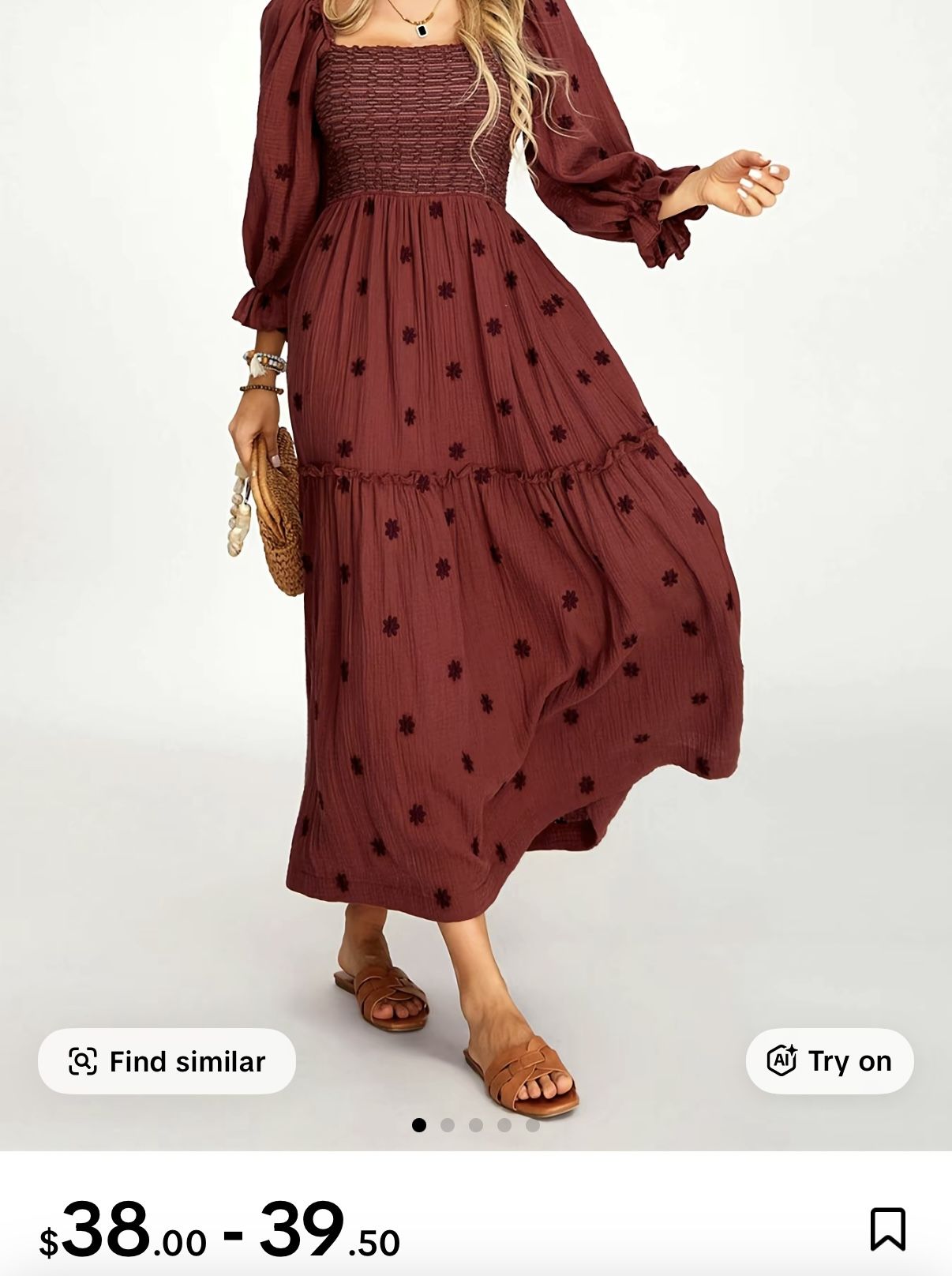 Women's Floral Embroidery Pocket Shirred A Line Dress,