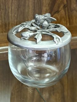 Seagull Pewter Canada Nature Bumble Bee Floral Flowers Potpourri Glass Bowl Dish Trinket Jar Vintage RARE