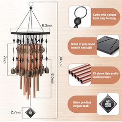 Wind Chimes for Outside,30"Memorial Wind Chimes with 28 pieces Tubes and 16 Copper Bell for Garden,Patio,Window Wind Chime Hanging Decoration, Bronze  Thumbnail
